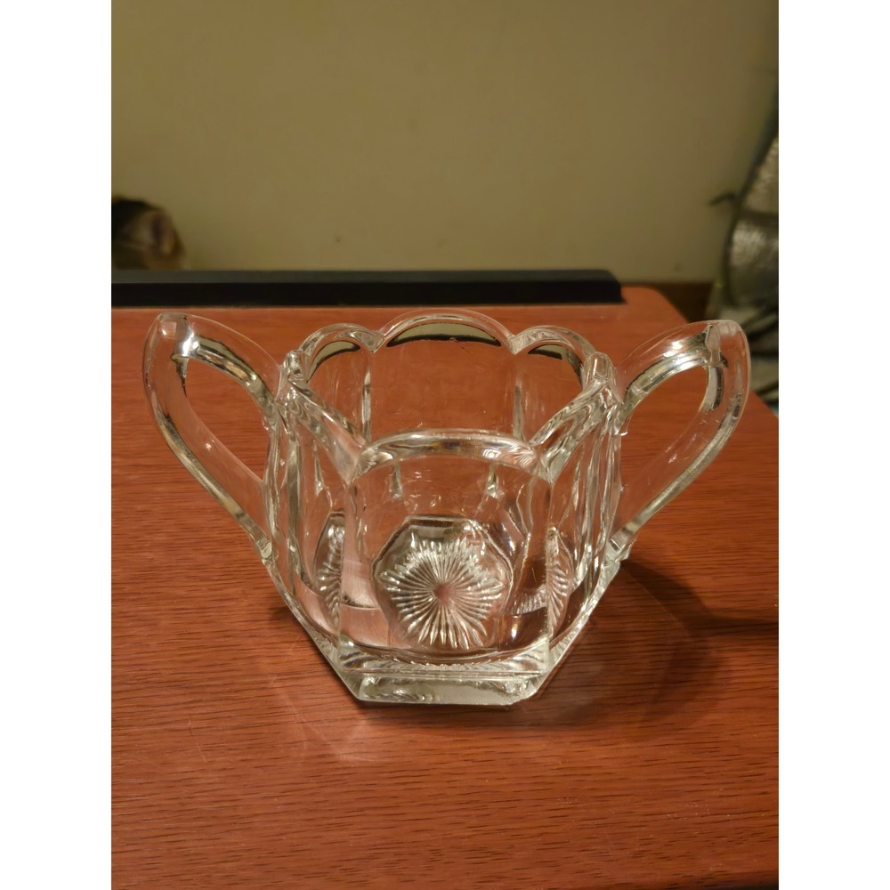 Vintage Pressed Glass Sugar Bowl Double Handle Scalloped Sunburst Hexagon Base